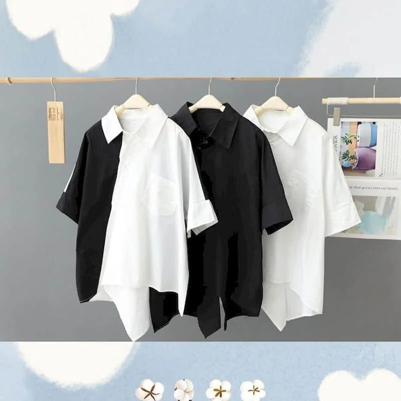 Women Vintage Half Sleeve Polo-neck Casual Korean Style Shirts