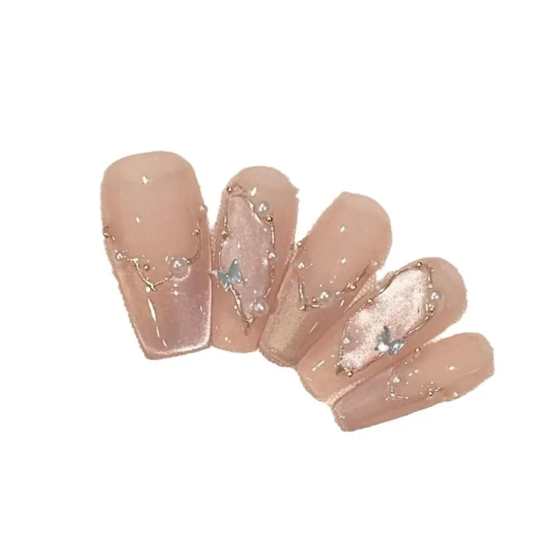 10pcs Handmade Girls Glued Press on Nails 2024 Pink Self-adhesive False Nails with Glue Medium Long Square Winter Stick-on Nails