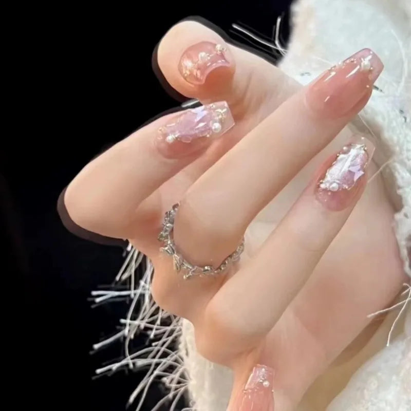 10pcs Handmade Girls Glued Press on Nails 2024 Pink Self-adhesive False Nails with Glue Medium Long Square Winter Stick-on Nails