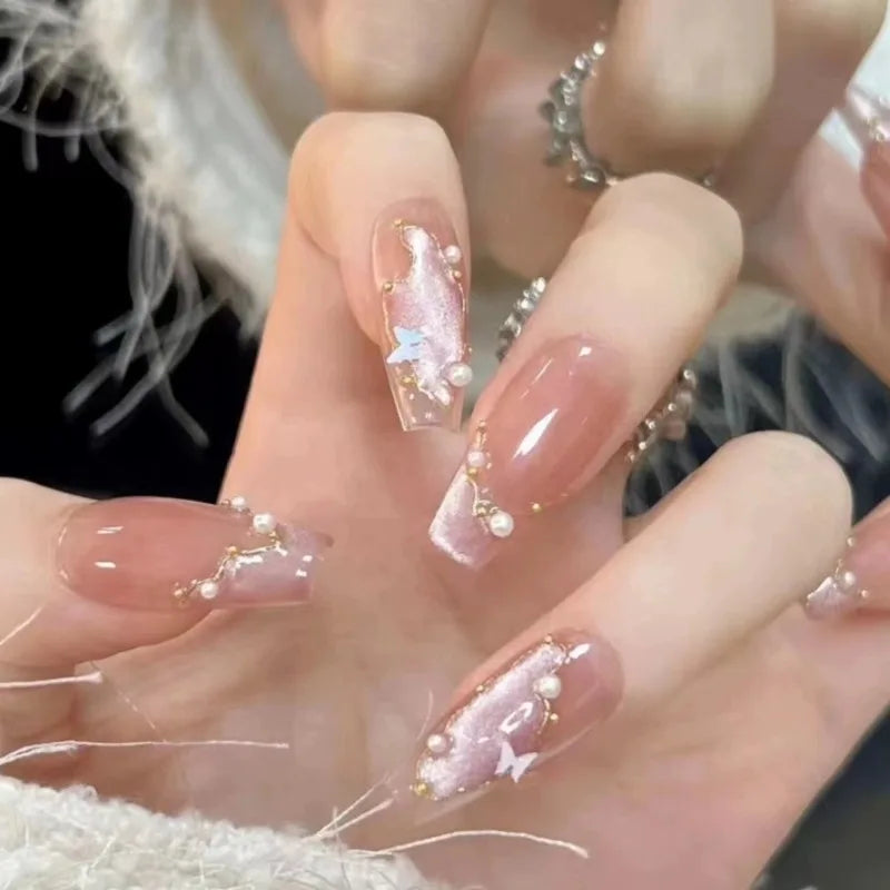 10pcs Handmade Girls Glued Press on Nails 2024 Pink Self-adhesive False Nails with Glue Medium Long Square Winter Stick-on Nails