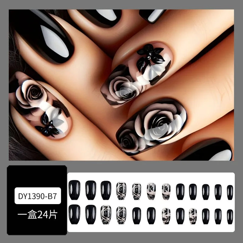 24pcs/ser Black Rose Flower Medium Square Press on Nails Decorated Acyrlic False Nail Art Fake Nails Set Finger Nails for Gluing
