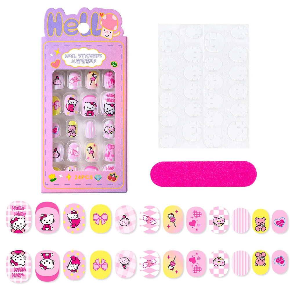 24Pcs Miniso Cartoon Hello Kitty Press on Nails Sanrio Series Pink/Blue/Purple Kuromi Kawaii Fake Nail for 6 years+ School Girl