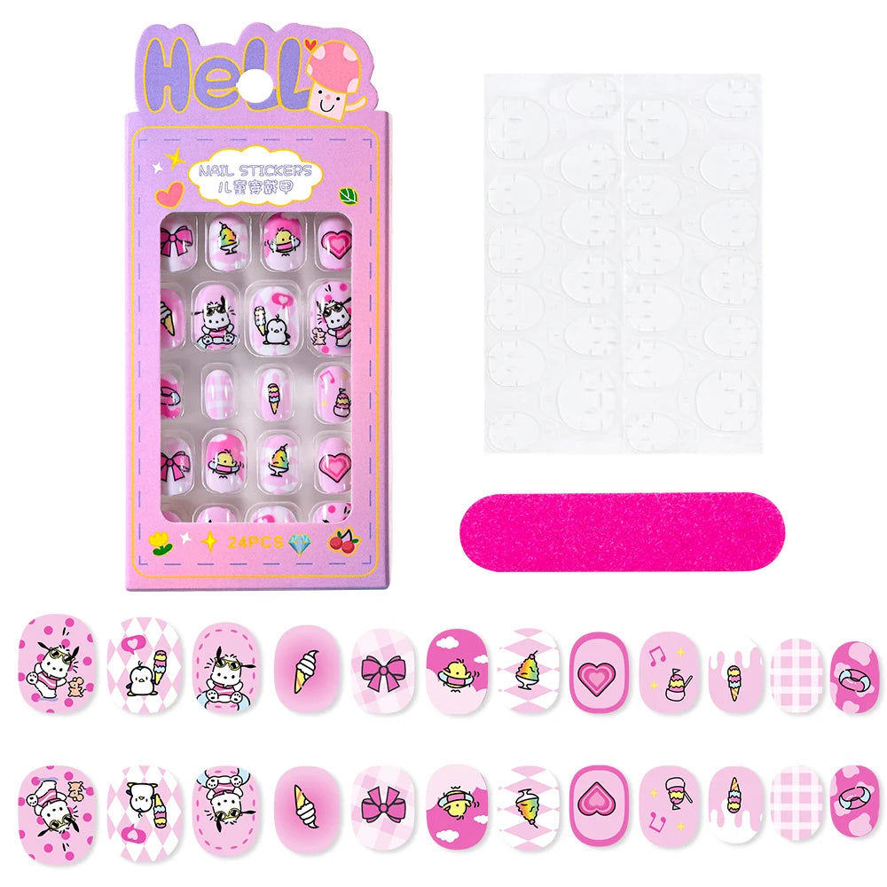 24Pcs Miniso Cartoon Hello Kitty Press on Nails Sanrio Series Pink/Blue/Purple Kuromi Kawaii Fake Nail for 6 years+ School Girl