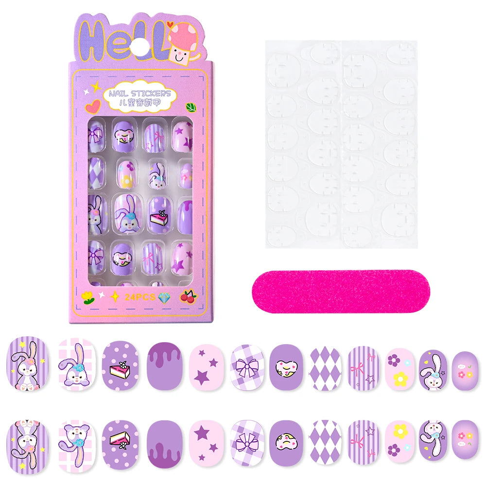 24Pcs Miniso Cartoon Hello Kitty Press on Nails Sanrio Series Pink/Blue/Purple Kuromi Kawaii Fake Nail for 6 years+ School Girl