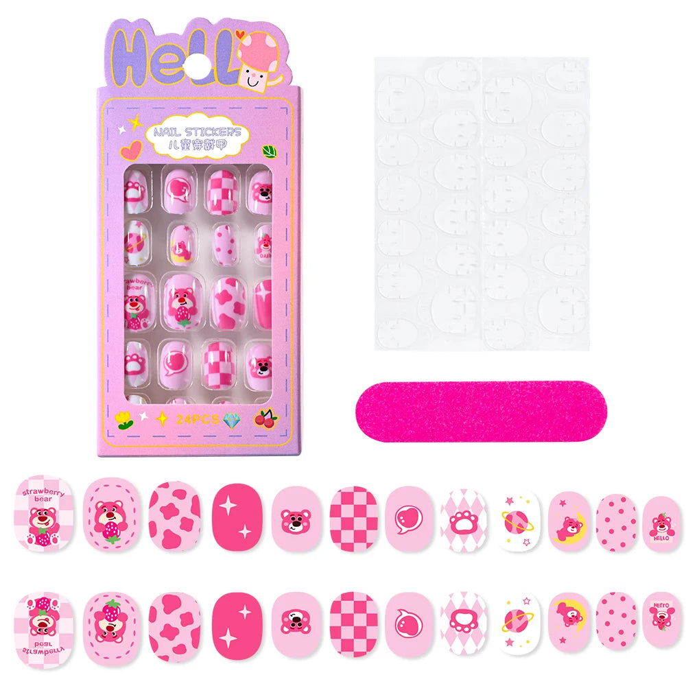 24Pcs Miniso Cartoon Hello Kitty Press on Nails Sanrio Series Pink/Blue/Purple Kuromi Kawaii Fake Nail for 6 years+ School Girl