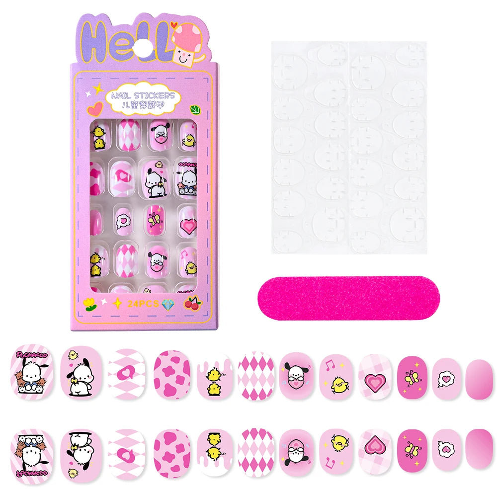 24Pcs Miniso Cartoon Hello Kitty Press on Nails Sanrio Series Pink/Blue/Purple Kuromi Kawaii Fake Nail for 6 years+ School Girl