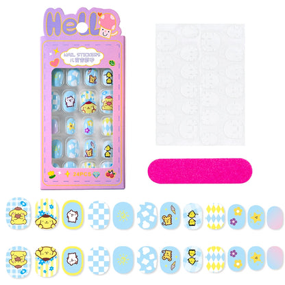 24Pcs Miniso Cartoon Hello Kitty Press on Nails Sanrio Series Pink/Blue/Purple Kuromi Kawaii Fake Nail for 6 years+ School Girl