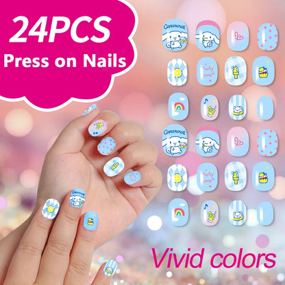 24Pcs Miniso Cartoon Hello Kitty Press on Nails Sanrio Series Pink/Blue/Purple Kuromi Kawaii Fake Nail for 6 years+ School Girl