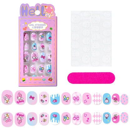 24Pcs Miniso Cartoon Hello Kitty Press on Nails Sanrio Series Pink/Blue/Purple Kuromi Kawaii Fake Nail for 6 years+ School Girl