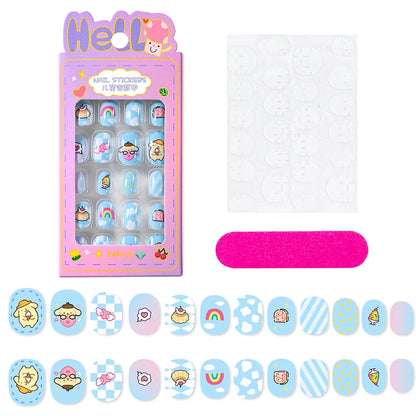 24Pcs Miniso Cartoon Hello Kitty Press on Nails Sanrio Series Pink/Blue/Purple Kuromi Kawaii Fake Nail for 6 years+ School Girl