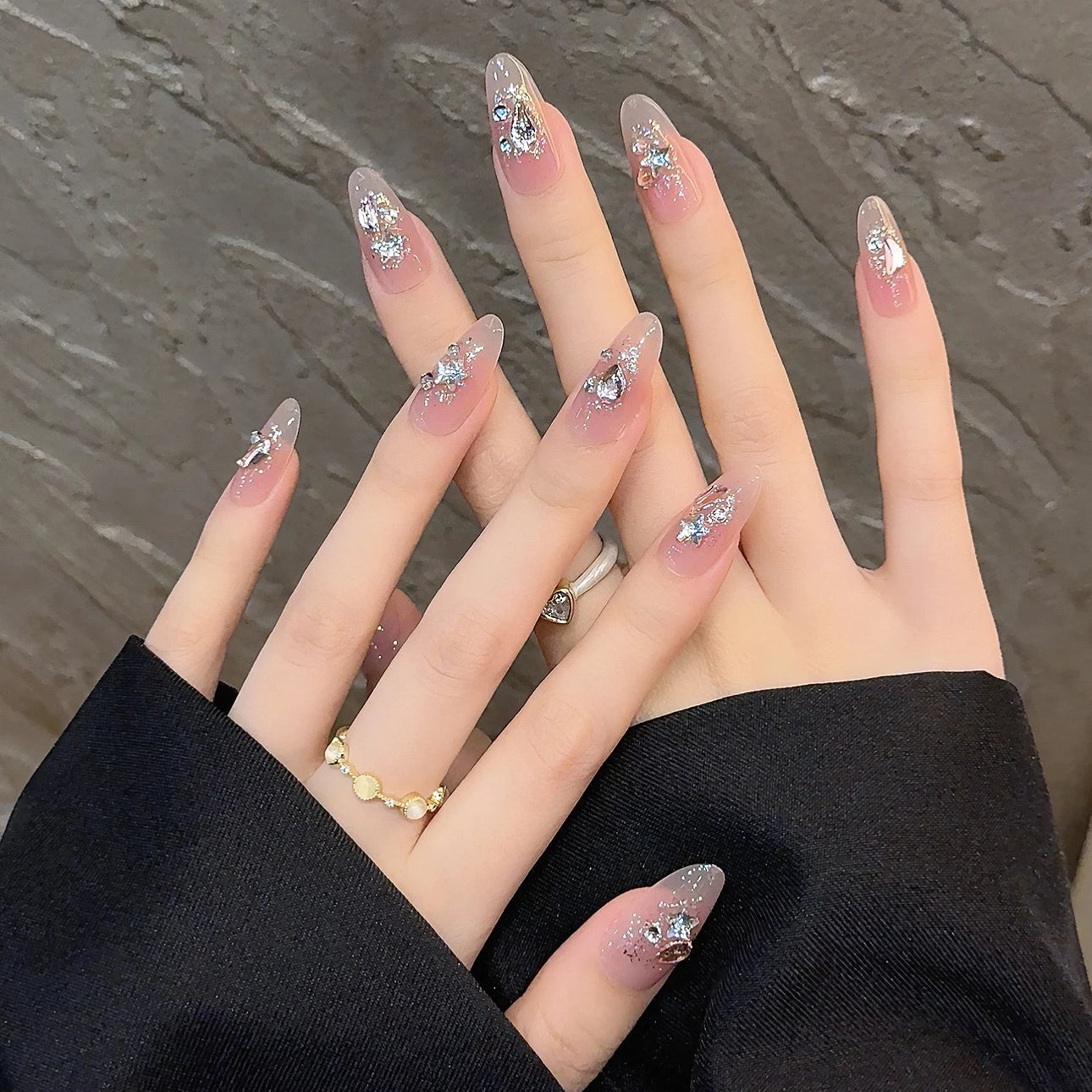 10Pcs Handmade Cute Press on Nails Full Cover Oval Fake Nails with 3D Star Moon Rhinestone Design Artificial False Nail Tips