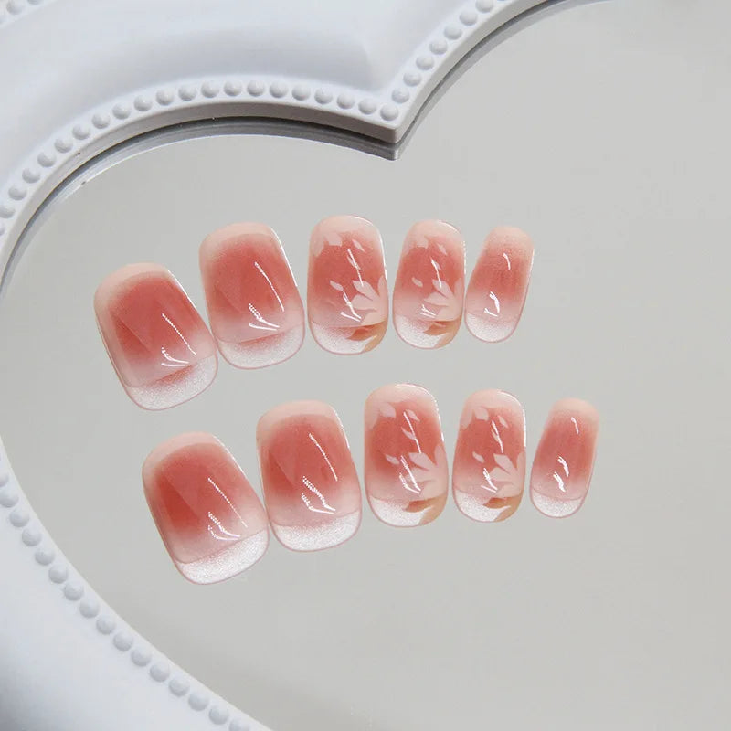 24pcs French Cherry Blossom Blush Short Flowers Ballet False Nail Artificial Manicure Pink Gradient Korean Sweet Press on Nails