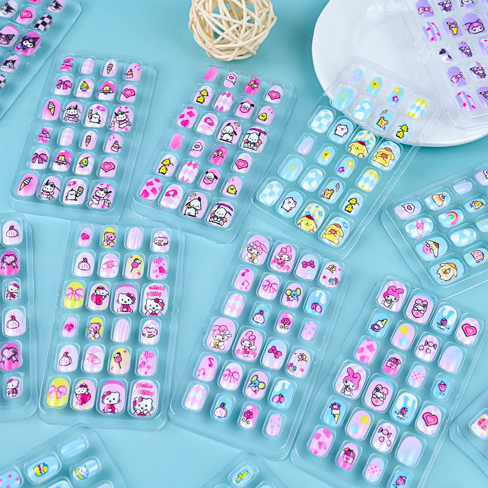 24Pcs Miniso Cartoon Hello Kitty Press on Nails Sanrio Series Pink/Blue/Purple Kuromi Kawaii Fake Nail for 6 years+ School Girl