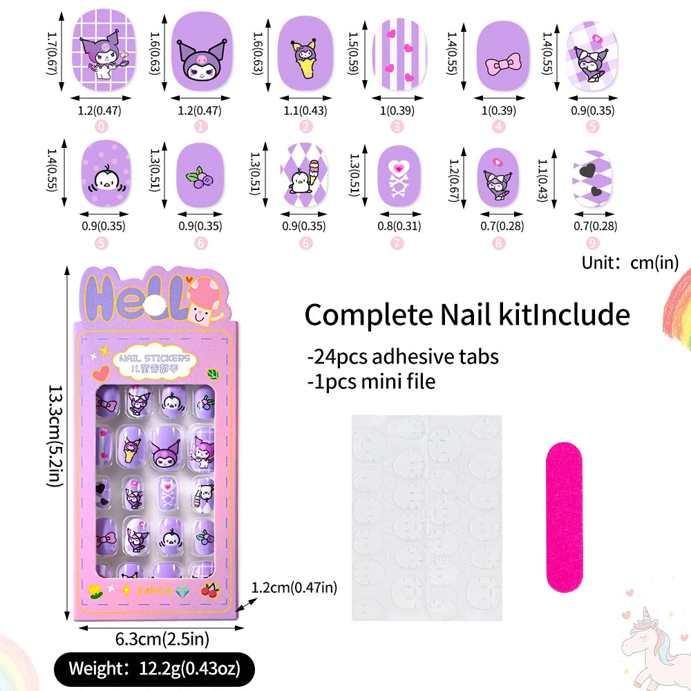 24Pcs Miniso Cartoon Hello Kitty Press on Nails Sanrio Series Pink/Blue/Purple Kuromi Kawaii Fake Nail for 6 years+ School Girl