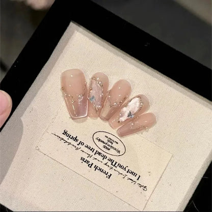 10pcs Handmade Girls Glued Press on Nails 2024 Pink Self-adhesive False Nails with Glue Medium Long Square Winter Stick-on Nails
