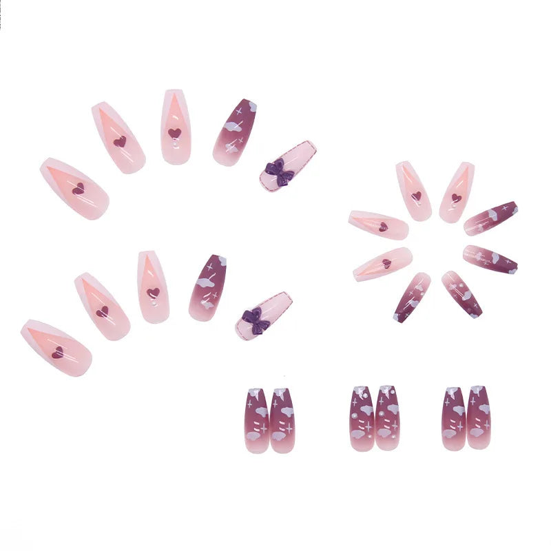 24pcs Wearable Pink Press On Fake Nails Tips With Glue False Nails Design Butterfly Lovely Girl False Nails With Wearing Tools