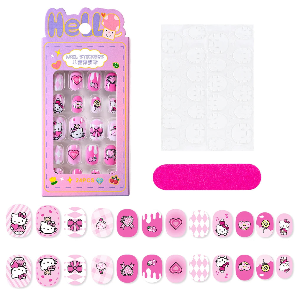 24Pcs Miniso Cartoon Hello Kitty Press on Nails Sanrio Series Pink/Blue/Purple Kuromi Kawaii Fake Nail for 6 years+ School Girl