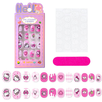 24Pcs Miniso Cartoon Hello Kitty Press on Nails Sanrio Series Pink/Blue/Purple Kuromi Kawaii Fake Nail for 6 years+ School Girl