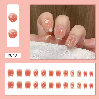 24pcs French Cherry Blossom Blush Short Flowers Ballet False Nail Artificial Manicure Pink Gradient Korean Sweet Press on Nails