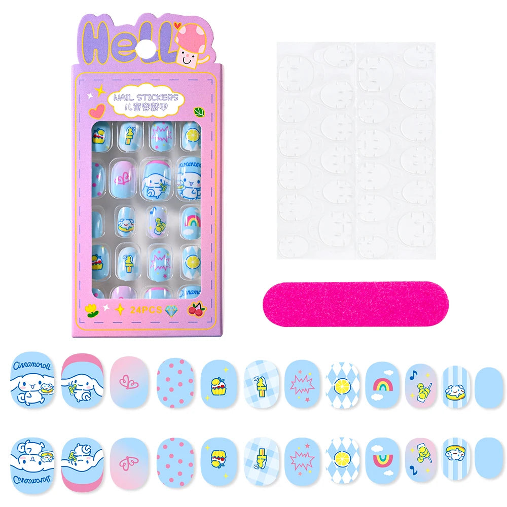 24Pcs Miniso Cartoon Hello Kitty Press on Nails Sanrio Series Pink/Blue/Purple Kuromi Kawaii Fake Nail for 6 years+ School Girl