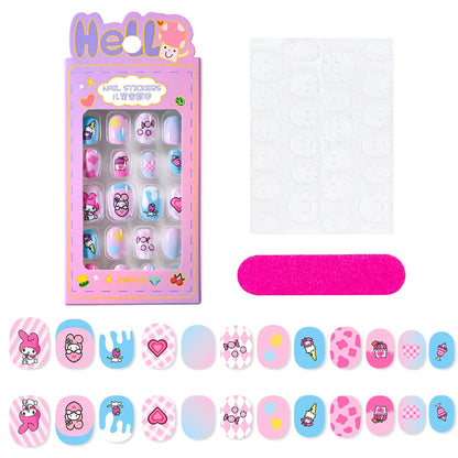 24Pcs Miniso Cartoon Hello Kitty Press on Nails Sanrio Series Pink/Blue/Purple Kuromi Kawaii Fake Nail for 6 years+ School Girl