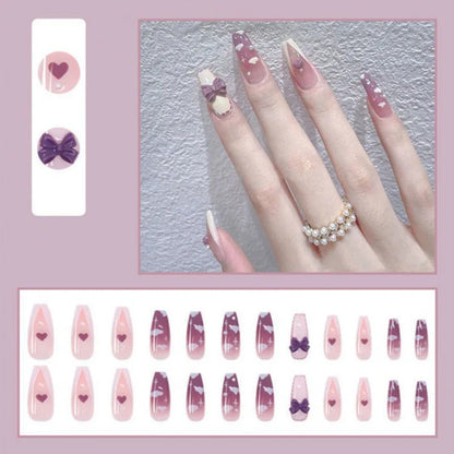 24pcs Wearable Pink Press On Fake Nails Tips With Glue False Nails Design Butterfly Lovely Girl False Nails With Wearing Tools