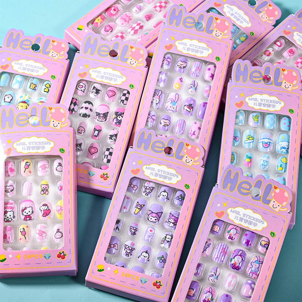 24Pcs Miniso Cartoon Hello Kitty Press on Nails Sanrio Series Pink/Blue/Purple Kuromi Kawaii Fake Nail for 6 years+ School Girl