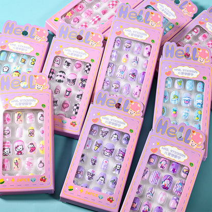 24Pcs Miniso Cartoon Hello Kitty Press on Nails Sanrio Series Pink/Blue/Purple Kuromi Kawaii Fake Nail for 6 years+ School Girl