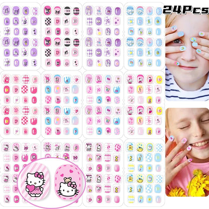 24Pcs Miniso Cartoon Hello Kitty Press on Nails Sanrio Series Pink/Blue/Purple Kuromi Kawaii Fake Nail for 6 years+ School Girl