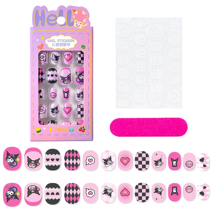 24Pcs Miniso Cartoon Hello Kitty Press on Nails Sanrio Series Pink/Blue/Purple Kuromi Kawaii Fake Nail for 6 years+ School Girl