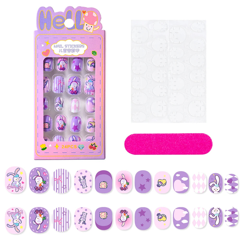 24Pcs Miniso Cartoon Hello Kitty Press on Nails Sanrio Series Pink/Blue/Purple Kuromi Kawaii Fake Nail for 6 years+ School Girl