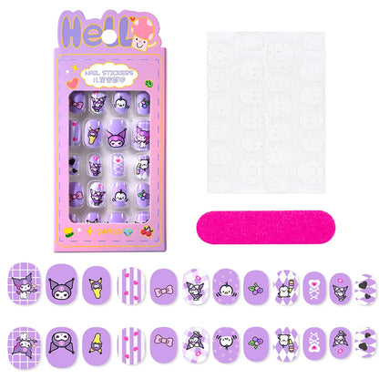 24Pcs Miniso Cartoon Hello Kitty Press on Nails Sanrio Series Pink/Blue/Purple Kuromi Kawaii Fake Nail for 6 years+ School Girl