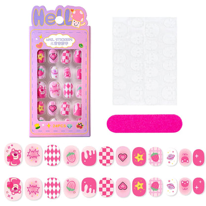 24Pcs Miniso Cartoon Hello Kitty Press on Nails Sanrio Series Pink/Blue/Purple Kuromi Kawaii Fake Nail for 6 years+ School Girl