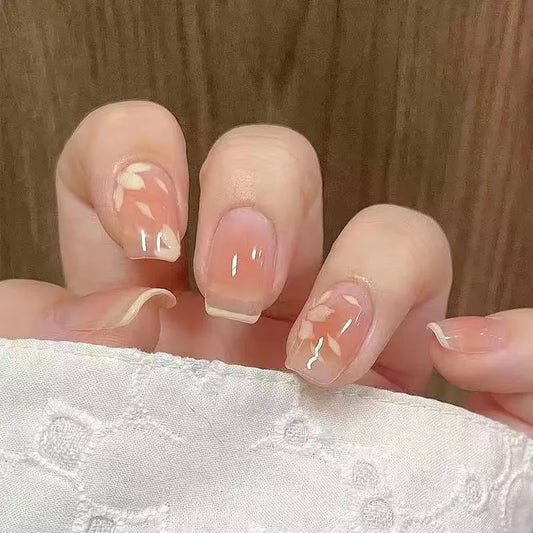 24pcs French Cherry Blossom Blush Short Flowers Ballet False Nail Artificial Manicure Pink Gradient Korean Sweet Press on Nails