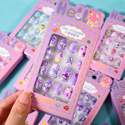 24Pcs Miniso Cartoon Hello Kitty Press on Nails Sanrio Series Pink/Blue/Purple Kuromi Kawaii Fake Nail for 6 years+ School Girl