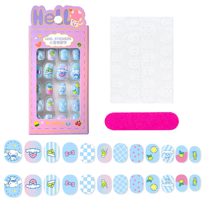 24Pcs Miniso Cartoon Hello Kitty Press on Nails Sanrio Series Pink/Blue/Purple Kuromi Kawaii Fake Nail for 6 years+ School Girl